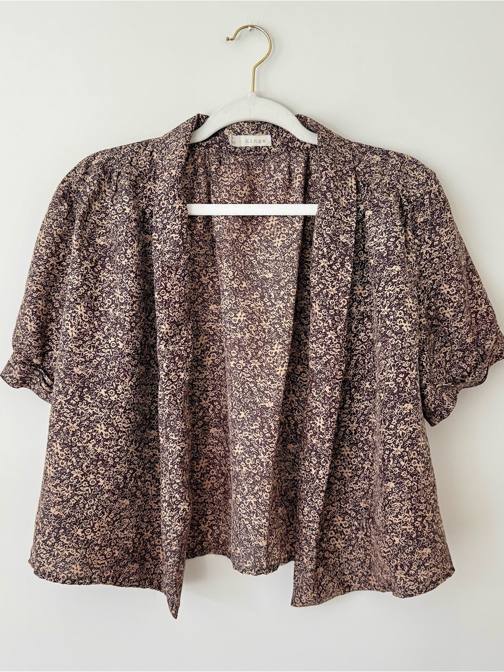 Hinge 100% Silk Open Front Bolero Blouse, Brown & Beige Floral Print – Small